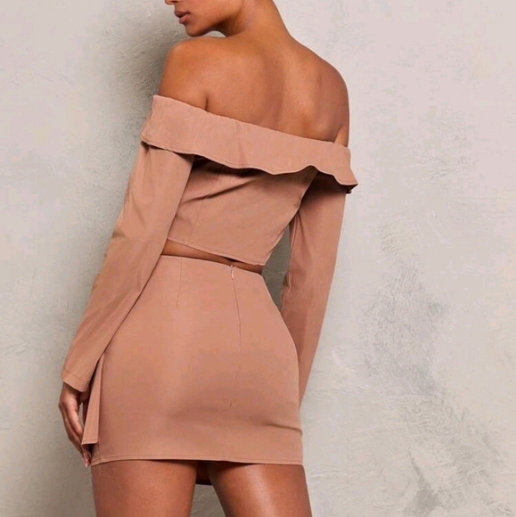 Brown Textured Woven Fold Over Detail Long Sleeve Top And Brown Textured Skirt - Picture 2 of 6